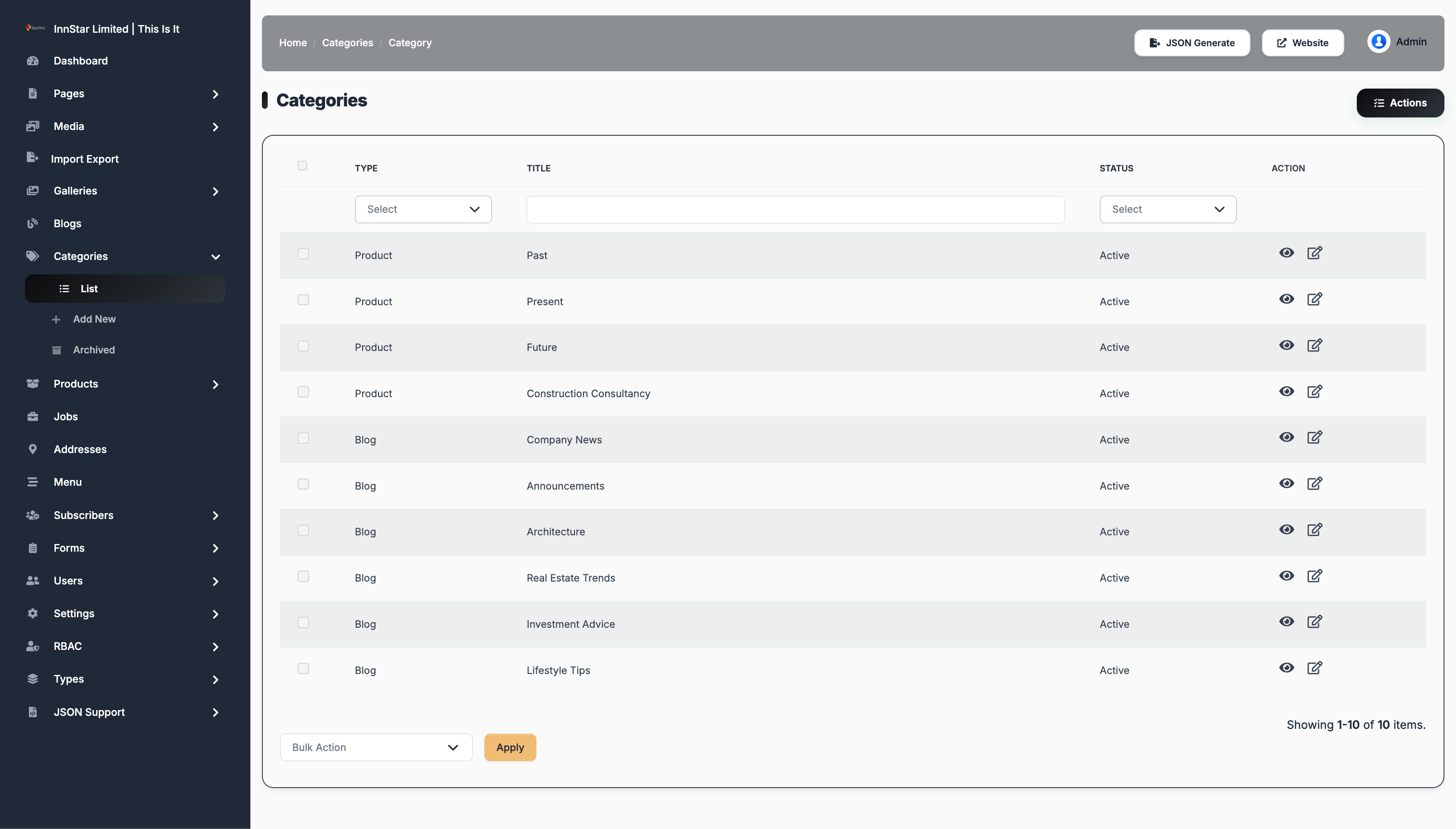 Categories List