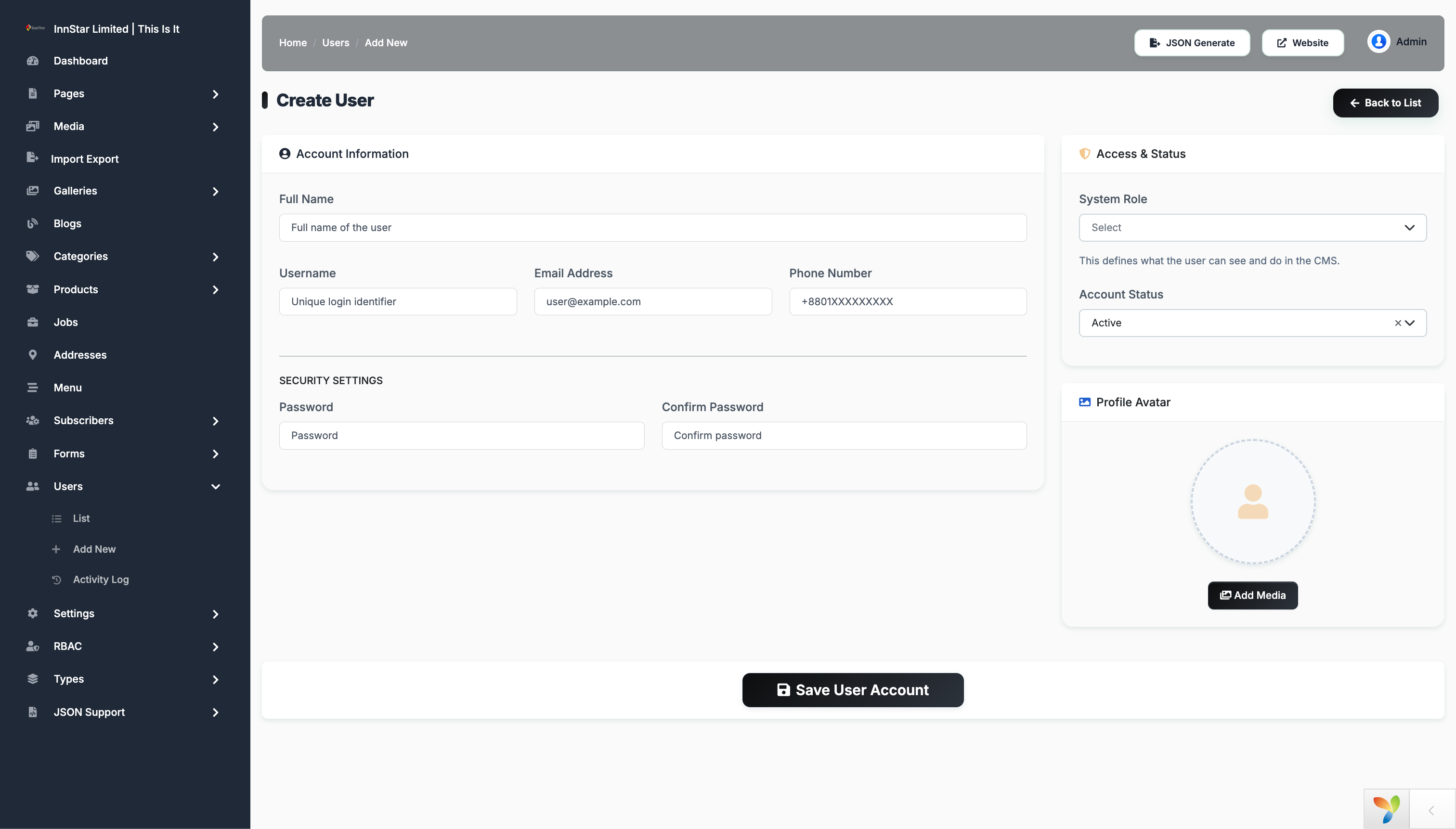 Create User Step 2
